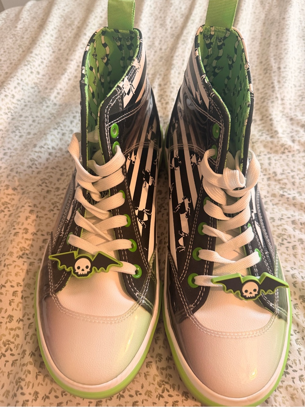 Beetlejuice High-Top Sneakers in Black, White & Green with Skull Wing Accent